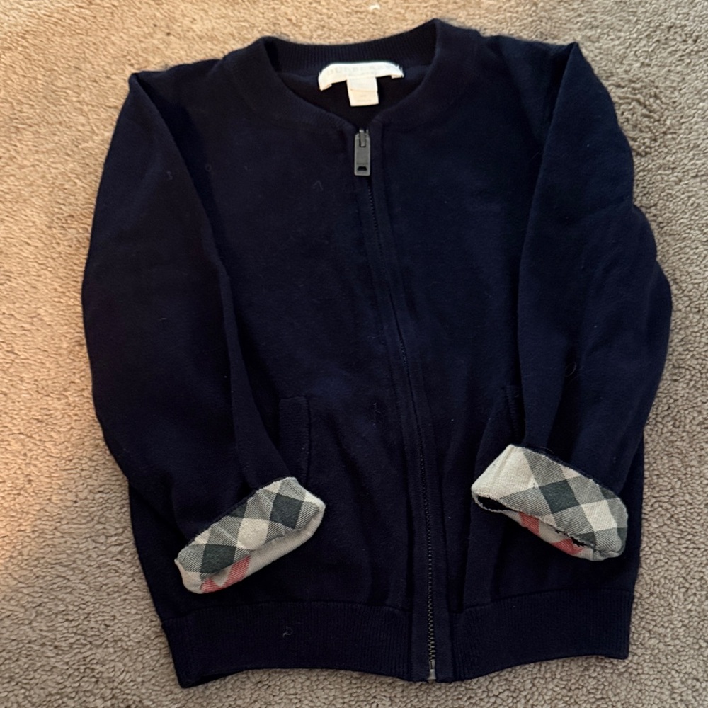 Burberry Navy Cardigan with Plaid Cuffs